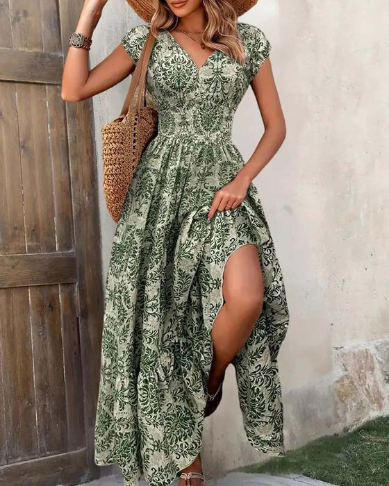 Robe Rétro Imprimé Col En V Taille Cintrée Longue