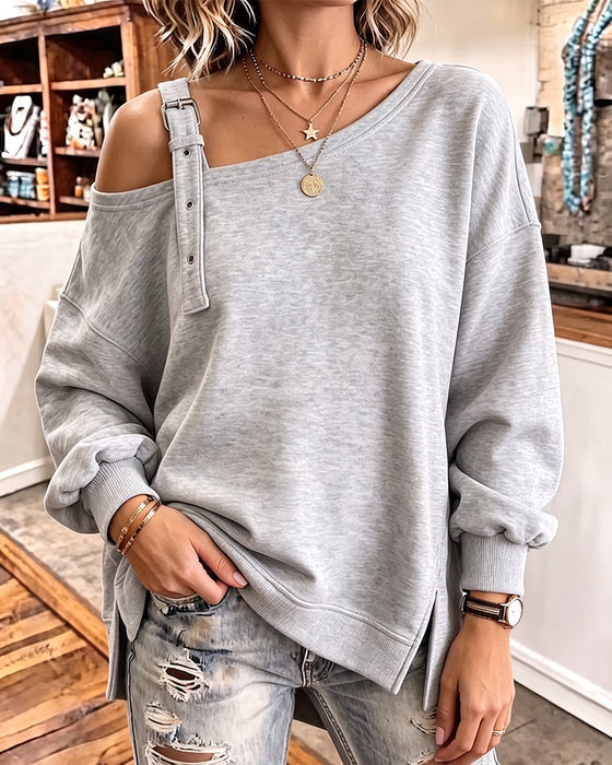 Sweatshirt Épaule Dégagée Bretelle Fente Coupe Lâche