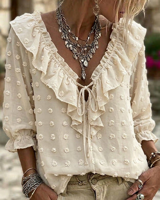 Blouse Col V Pois Jacquard Manche Ballon
