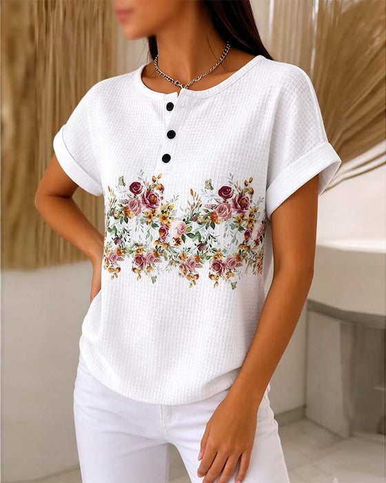 T-Shirt Col Rond Bouton Gaufre