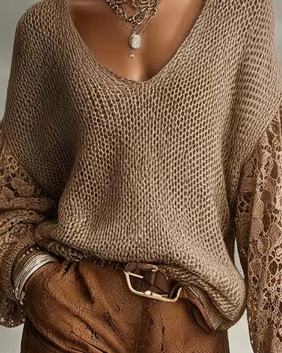 Pullover Dentelle Découpe Patchwork Manche Lanterne