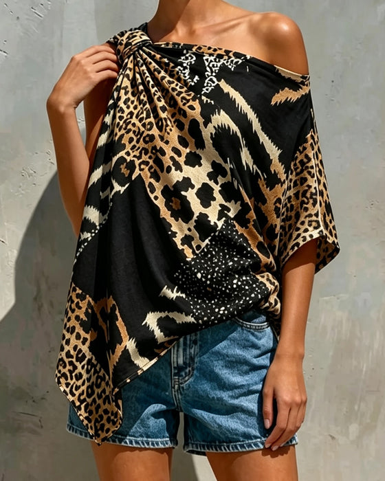 Blouse Imprimé Léopard Patchwork Une Épaule