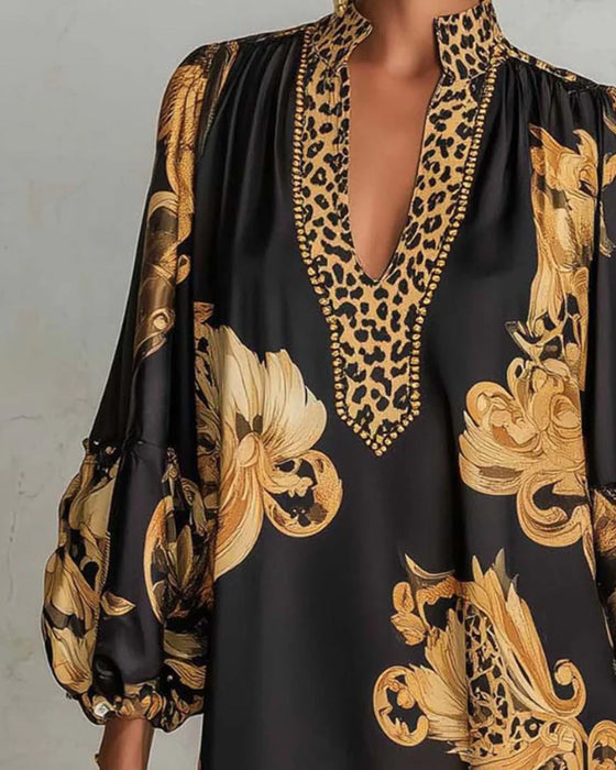 Robe Léopard Manche Lanterne Col Montant Imprimé