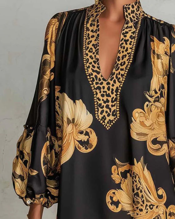 Robe Léopard Manche Lanterne Col Montant Imprimé