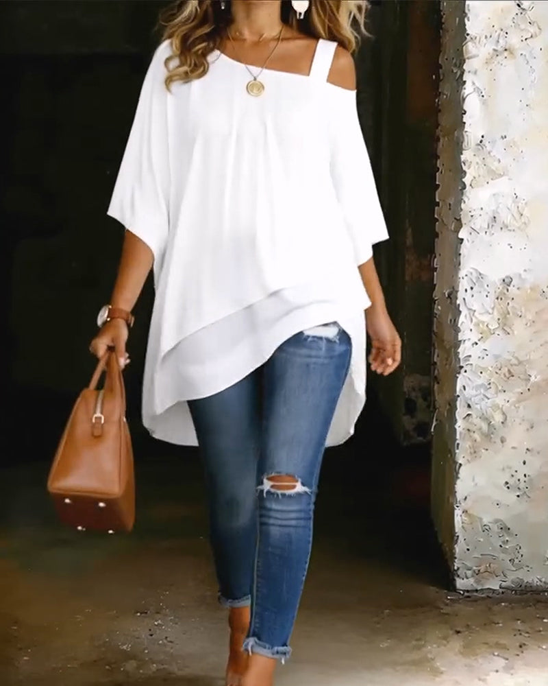 Blouse Asymétrique Épaule Dénudée Unie Décontractée
