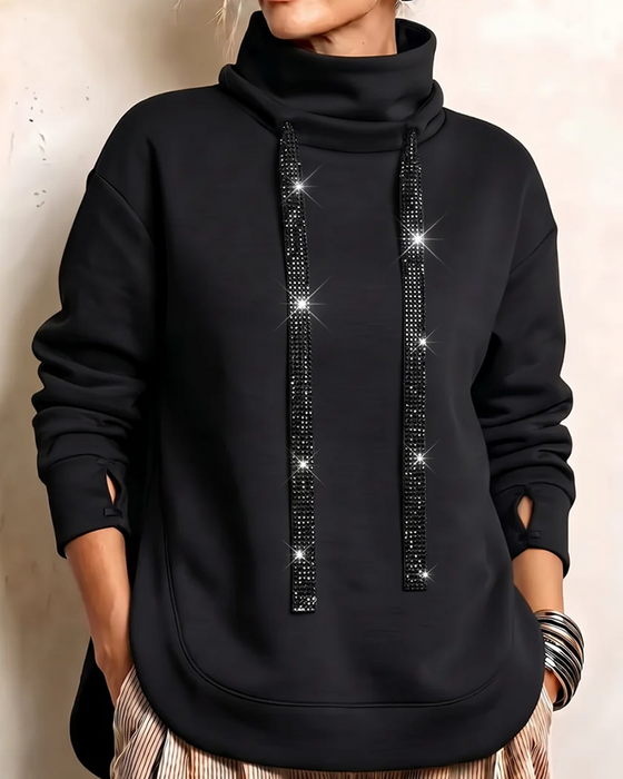 Sweatshirt Col Haut Strass Cordon De Serrage