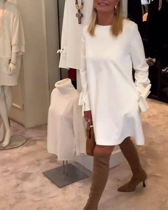 Robe Élégant Col Rond Manche Nœud