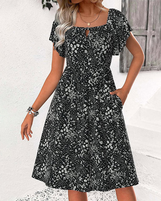 Robe Col Carré Florale A-Ligne
