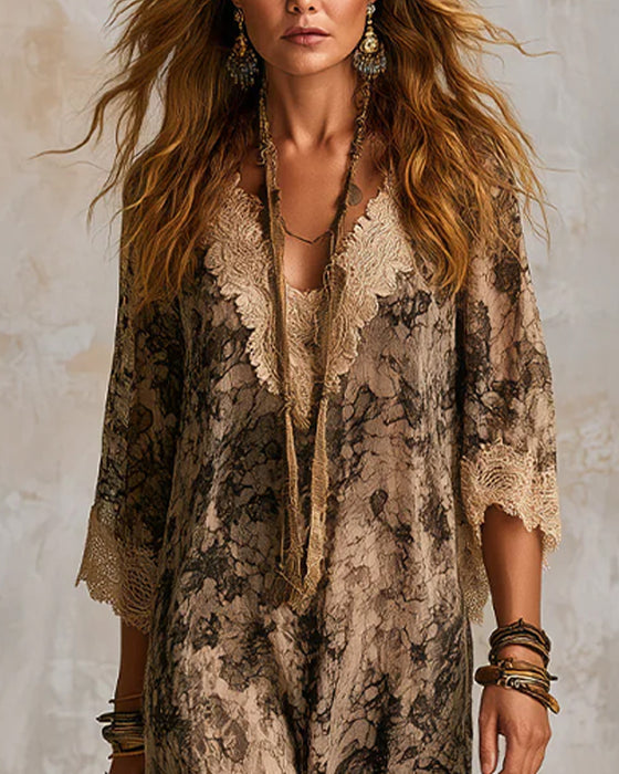 Robe Col En V Dentelle Patchwork Asymétrique