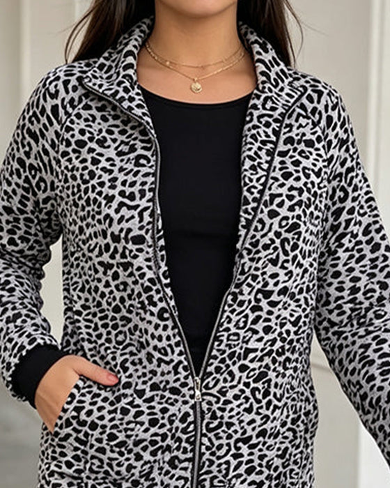 Manteau Léopard Col Monté Fermeture Éclair