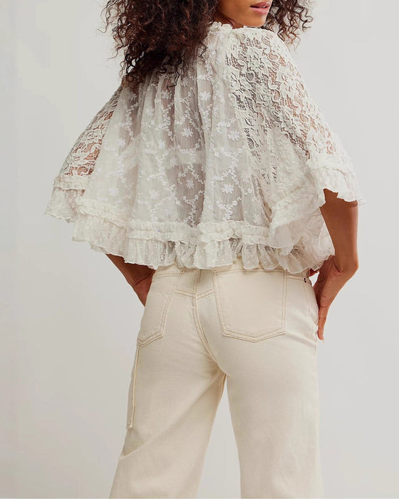 Blouses de protection solaire à manches volantées en dentelle ajourée