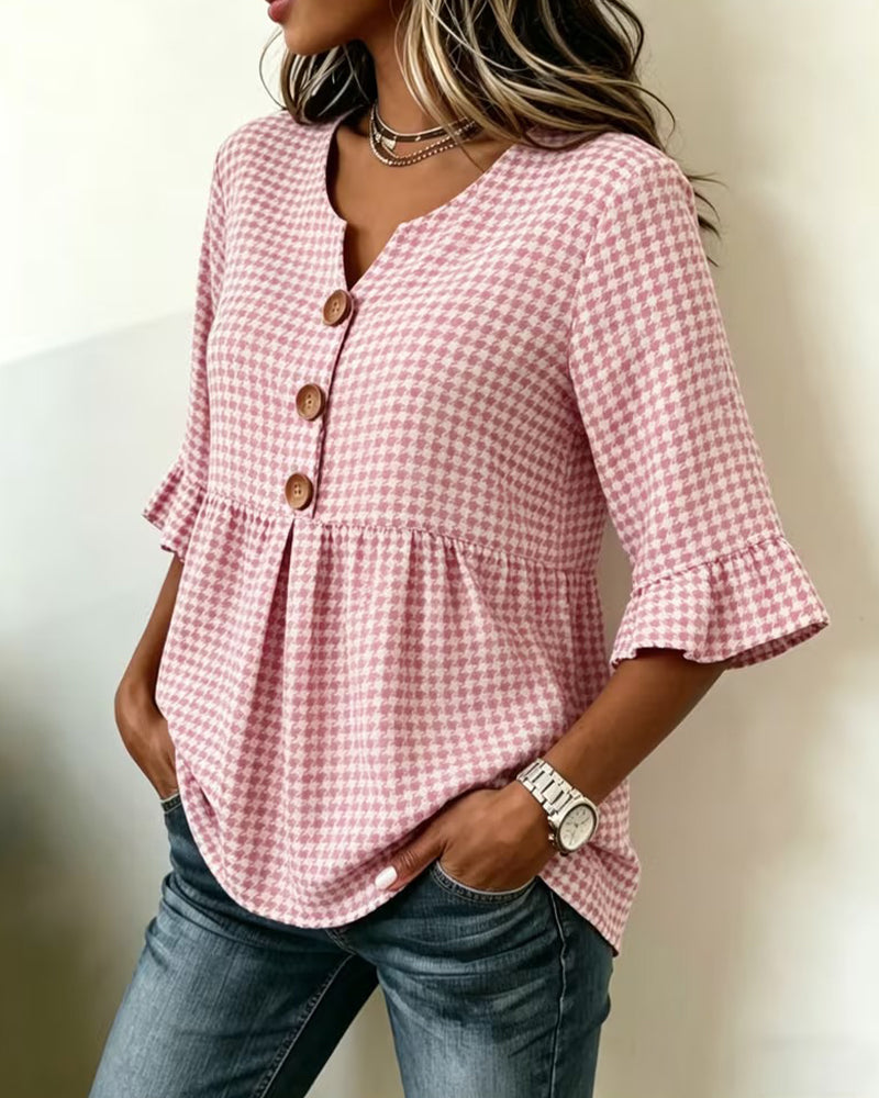 Blouse Pied-De-Coq Trois Boutons Décontractée