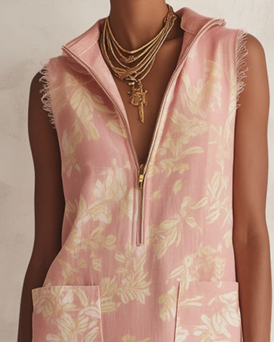 Robe Revers Fermeture Éclair Sans Manches Bord Brut Poche