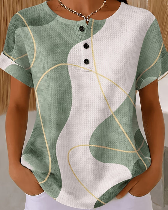 Blouse À Col Rond, Boutons, Lignes Contrastées