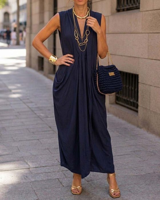 Robe Sans Manches Col V Poche