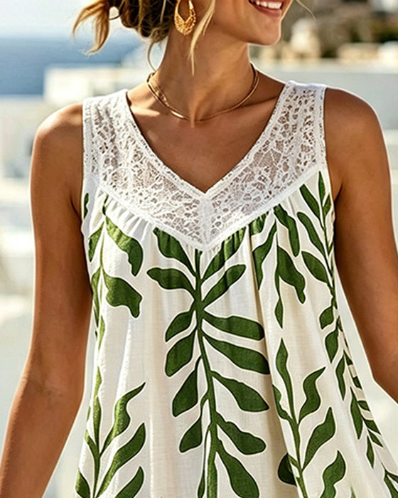 Robe Sans Manches Dentelle Col V Fleuri