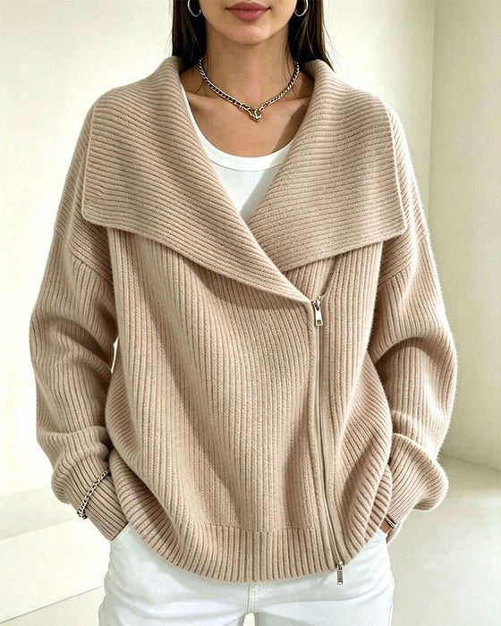 Cardigan Grand Revers Fermeture Éclair Diagonale