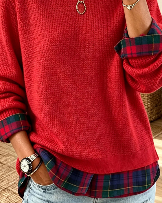 Pull Col Rond Carreau Patchwork Fausse Deux Pièces