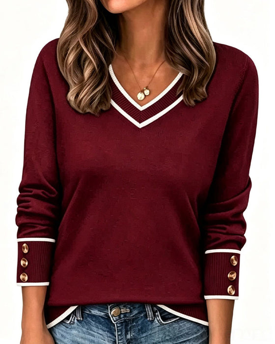 Pullover À Col En V Et Boutons De Contraste