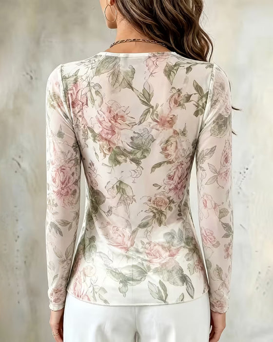 Chemise Col Froncé Imprimé Fleuri Plissé