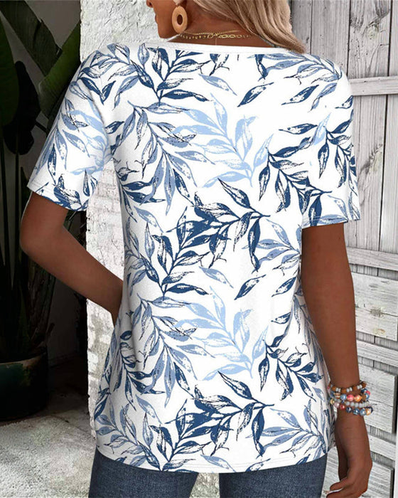 T-Shirt Col En V Manches Courtes Imprimé Feuilles De Bambou