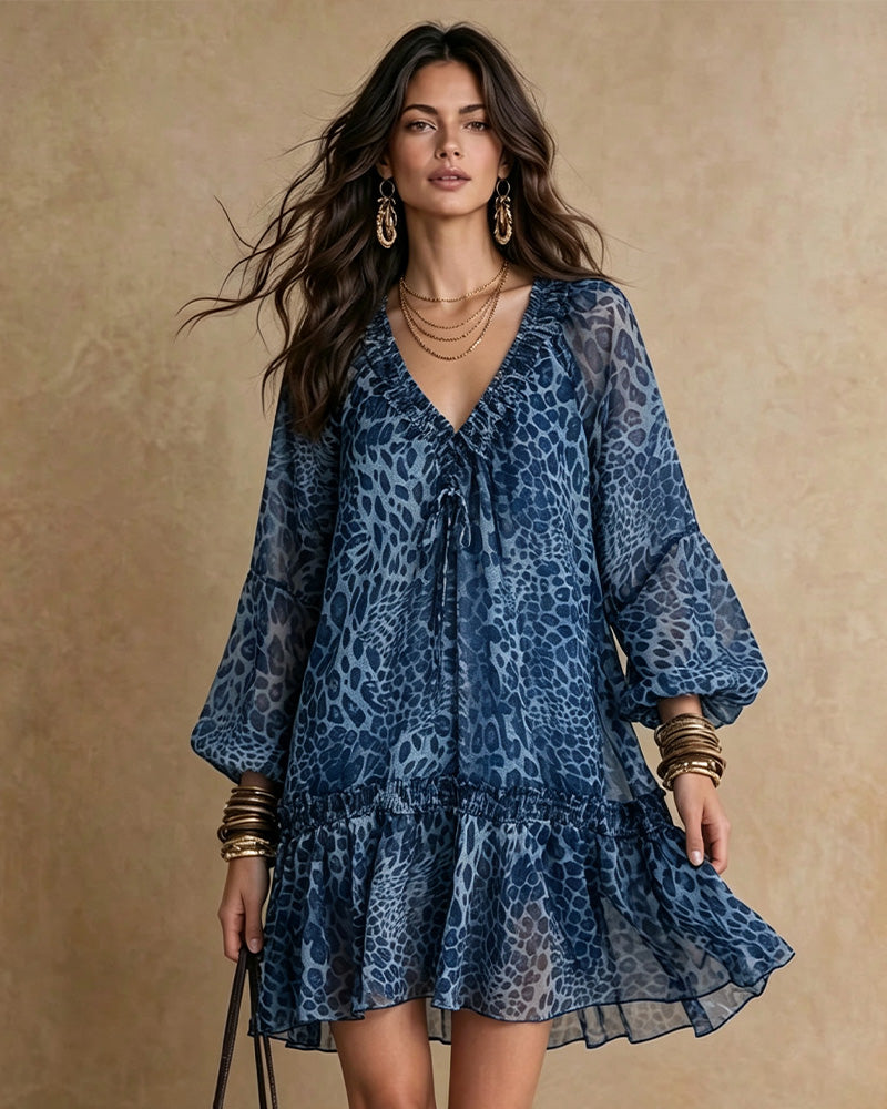 Robe Col V Imprimé Léopard Manche Bouffante Volant