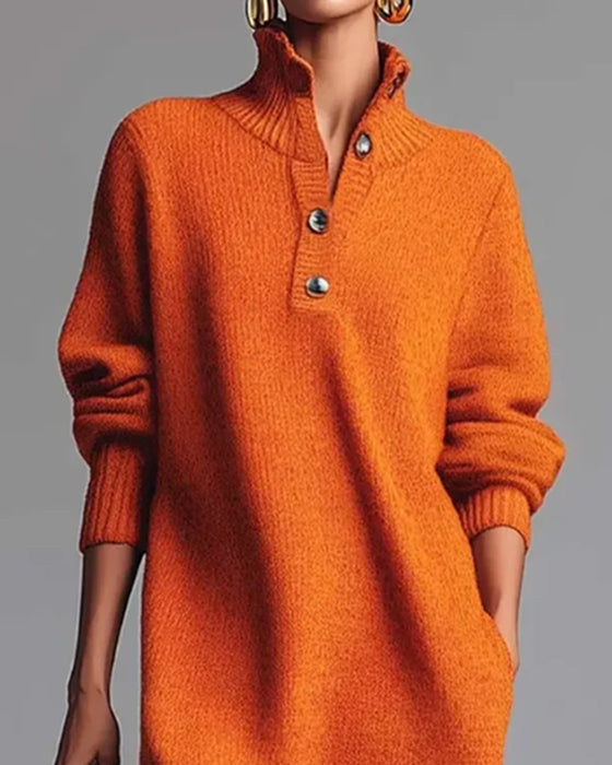 Robe Couleur Unie À Boutons Et Col Haut