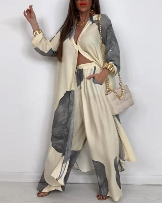 Costume Col Bouton Bloc de Couleur Pantalon Rayé Droit