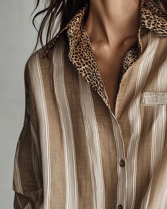Chemise Décontractée Col Chemise Léopard Rayure