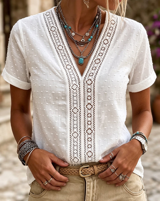 Blouse Col En V Découpe Diamant 3D Fleuri Unie