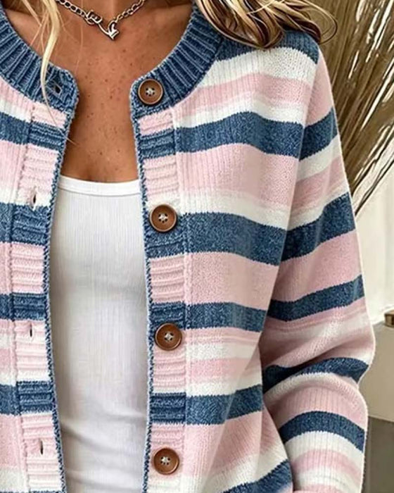 Cardigan Rayé Col Rond Simple Boutonnage