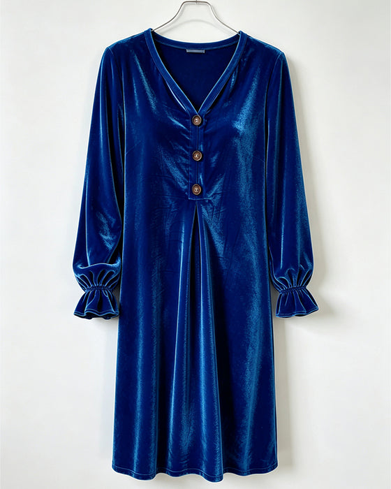 Robe Col En V Bouton Volant Plissé