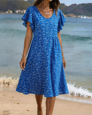 Robe Col U Taille Imprimé Manche Volantée