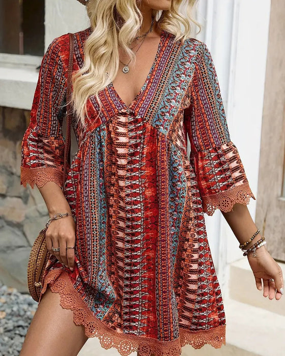 Robe Col En V Dentelle Manches Trois-Quarts