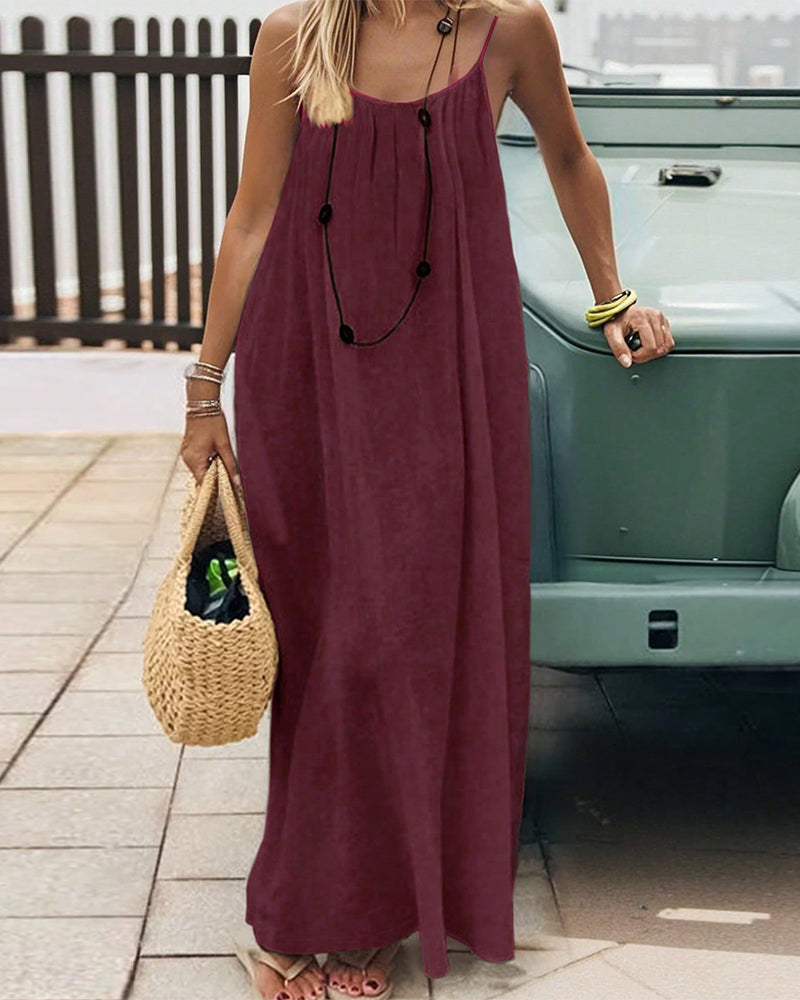 Robe Uni Couleur Plissé Dos Nu Bretelles Spaghetti Maxi