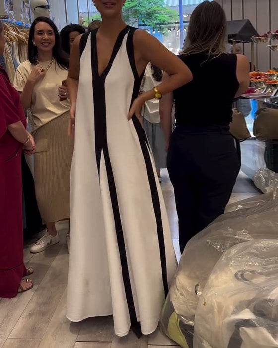 Robe Col en V Sans Manches Colorblock Lâche