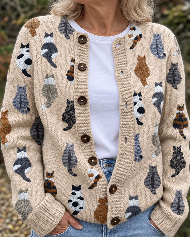 Cardigan Chat Dos Imprimé Tricoté
