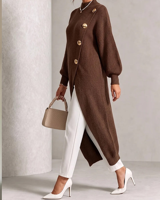 Sweater Dress Bouton Diagonal Fente Manche Lanterne
