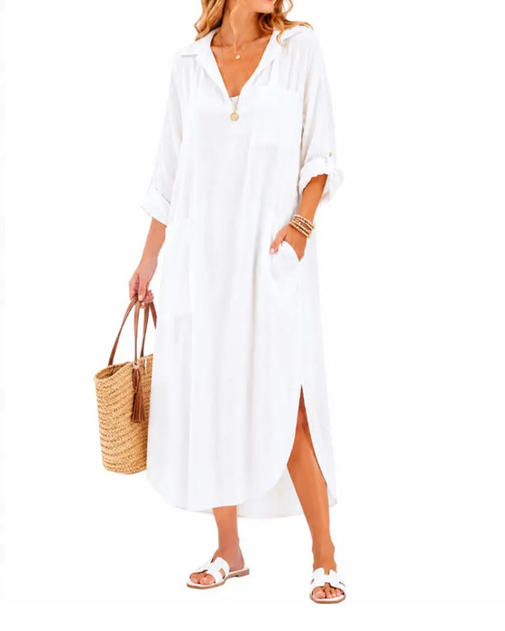 Robe Revers Col En V Poche Fente