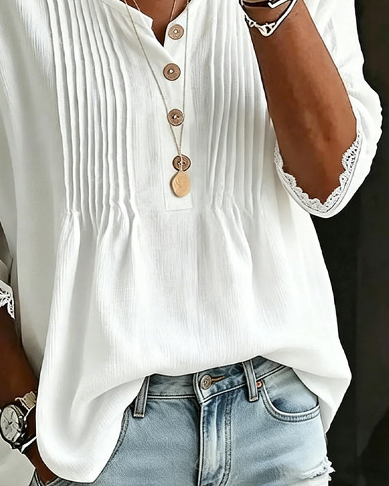 Blouse Plissée Bouton Bordure Dentelle