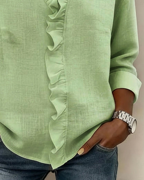 Blouse Froncé Col En V Manches Longues