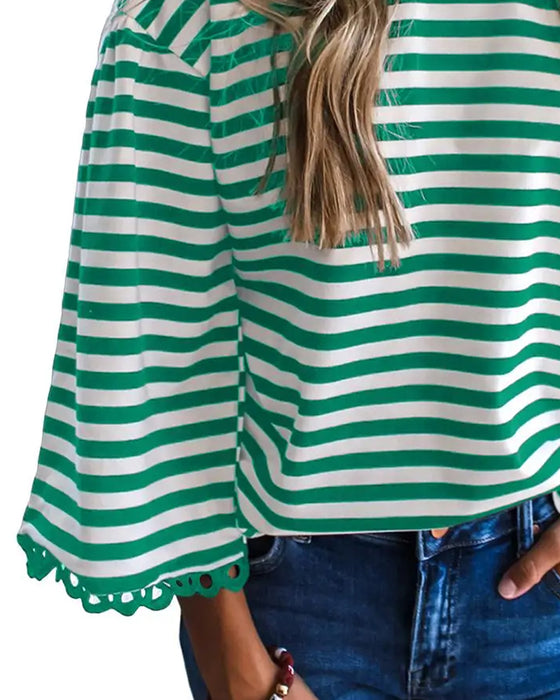 Blouse Col Rond Épaule Tombante Rayure Découpe