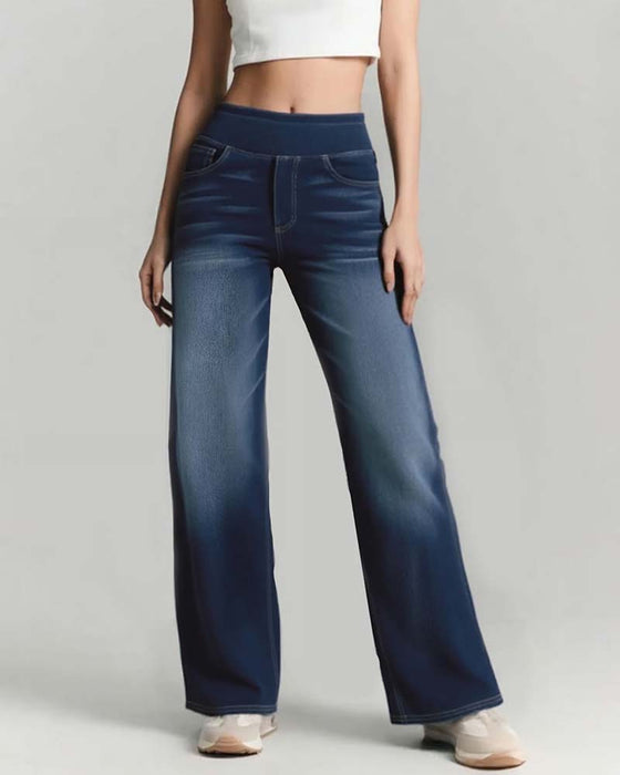 Pantalon Taille Élastique Denim Large Jambe
