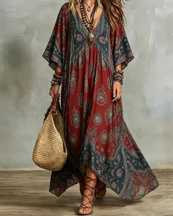 Robe Vintage Bohème Col En V Imprimé Maxi