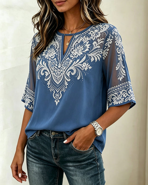 Blouse Col En V Sheer Ethnique Imprimé