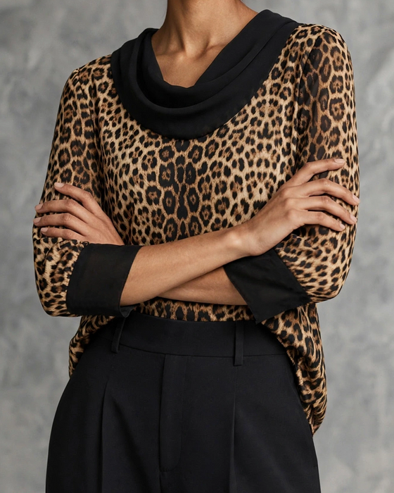 Blouse Col Mock Léopard Manche Coude