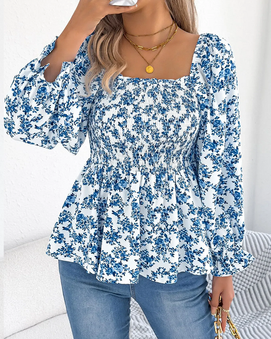 Blouse Col Carré Froncée Fleurie Volant