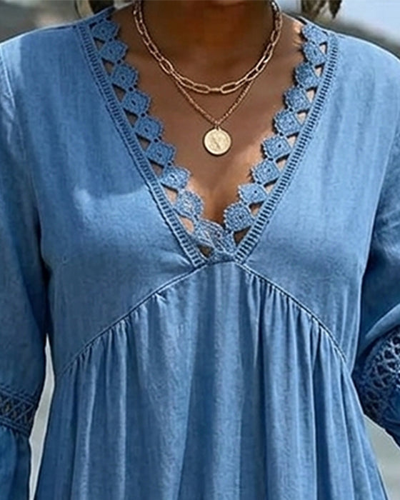Robe Col En V Manche Évasée Froncée