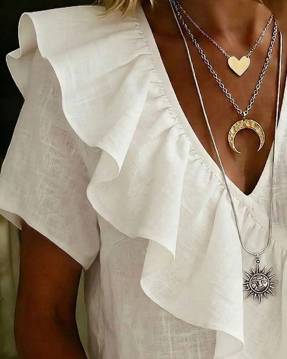 Blouse Col V Manches Courtes Volantée