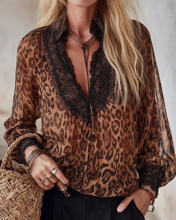 Blouse Col V Léopard Manche Longue